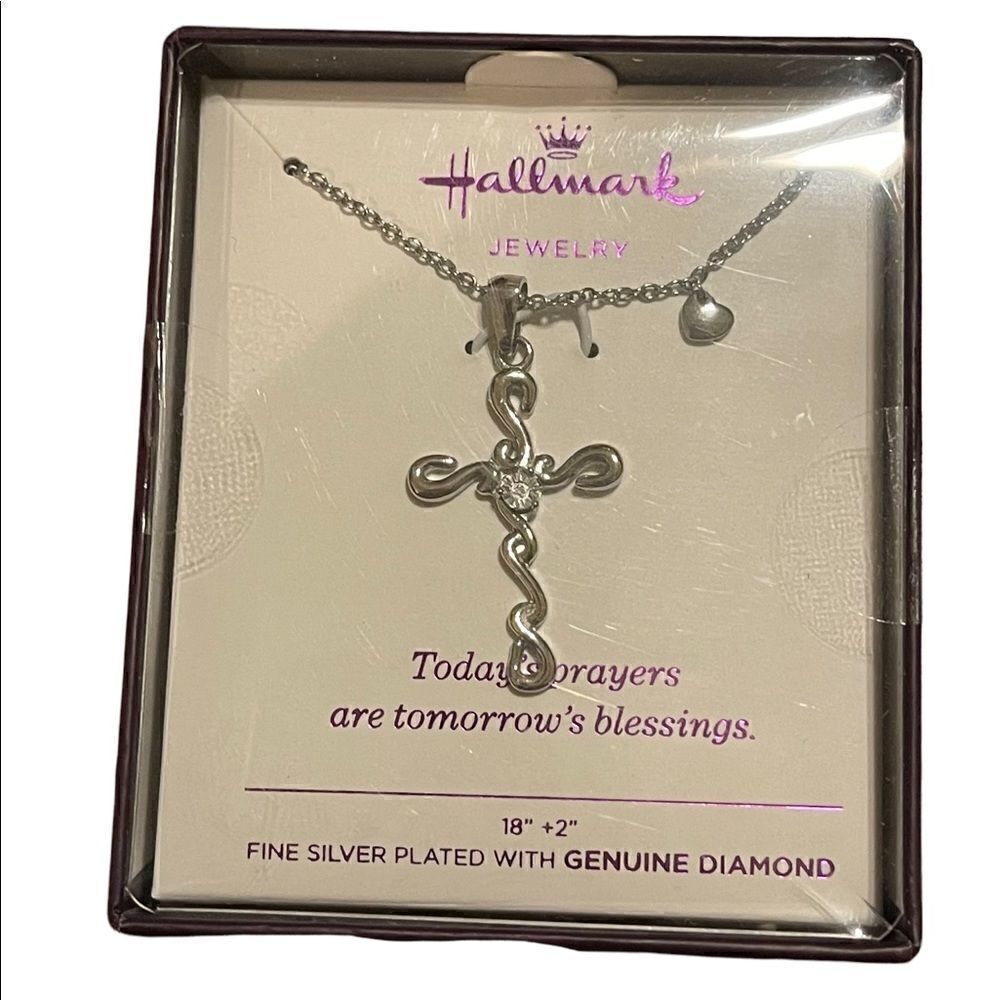 New in box Hallmark silver plate cross chain necklace with genuine diamond